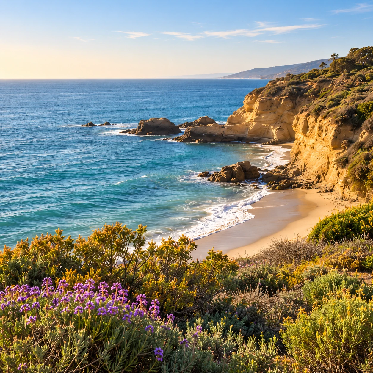 A sunlit Orange County coastline with a sheltered cove and coastal flowers
